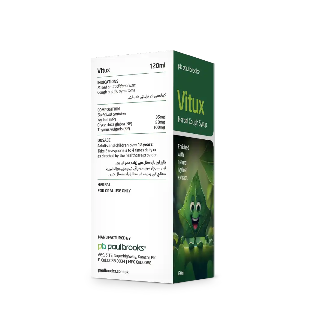 Vitux Herbal Cough Syrup enriched with natural ivy leaf extract in Pakistan